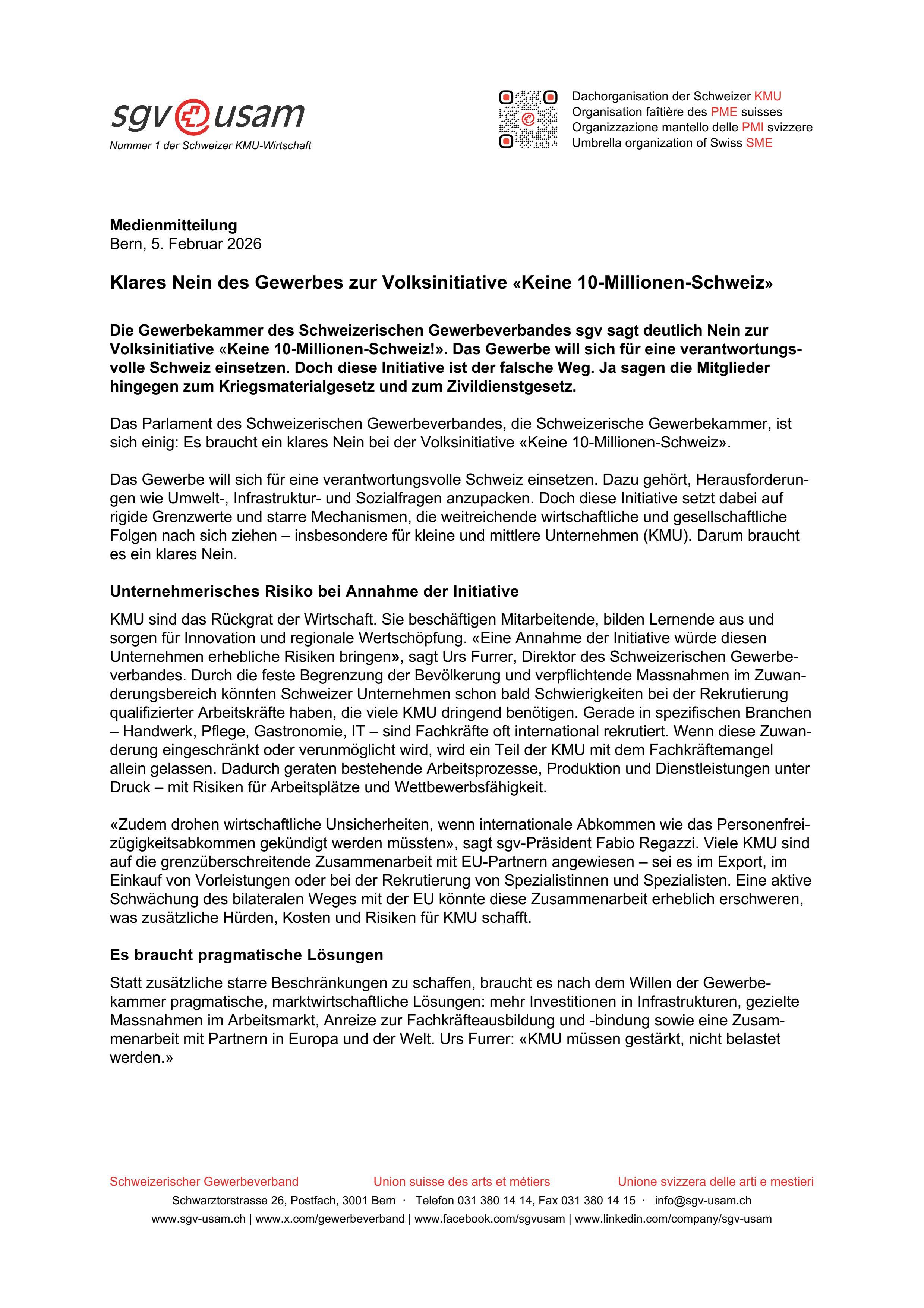 Klares Nein des Gewerbes zur Volksinitiative «Keine 10-Millionen-Schweiz»