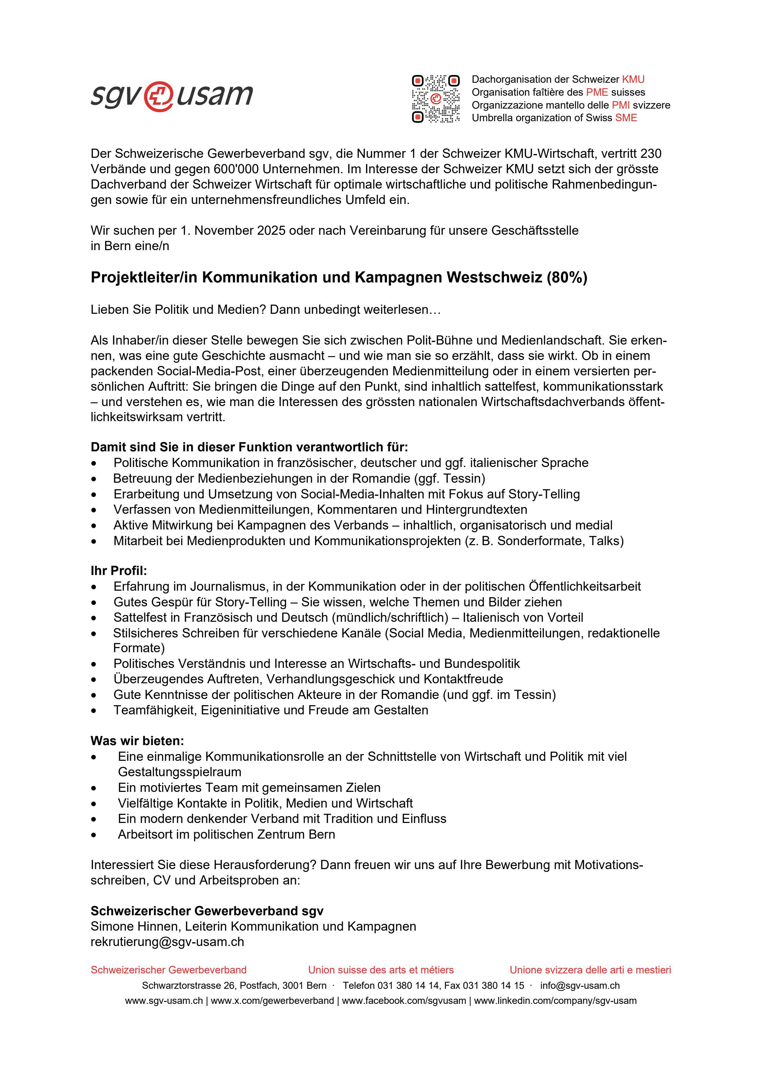  Stelleninserat «Projektleiter/in Kommunikation und Kampagnen Westschweiz (80%)»