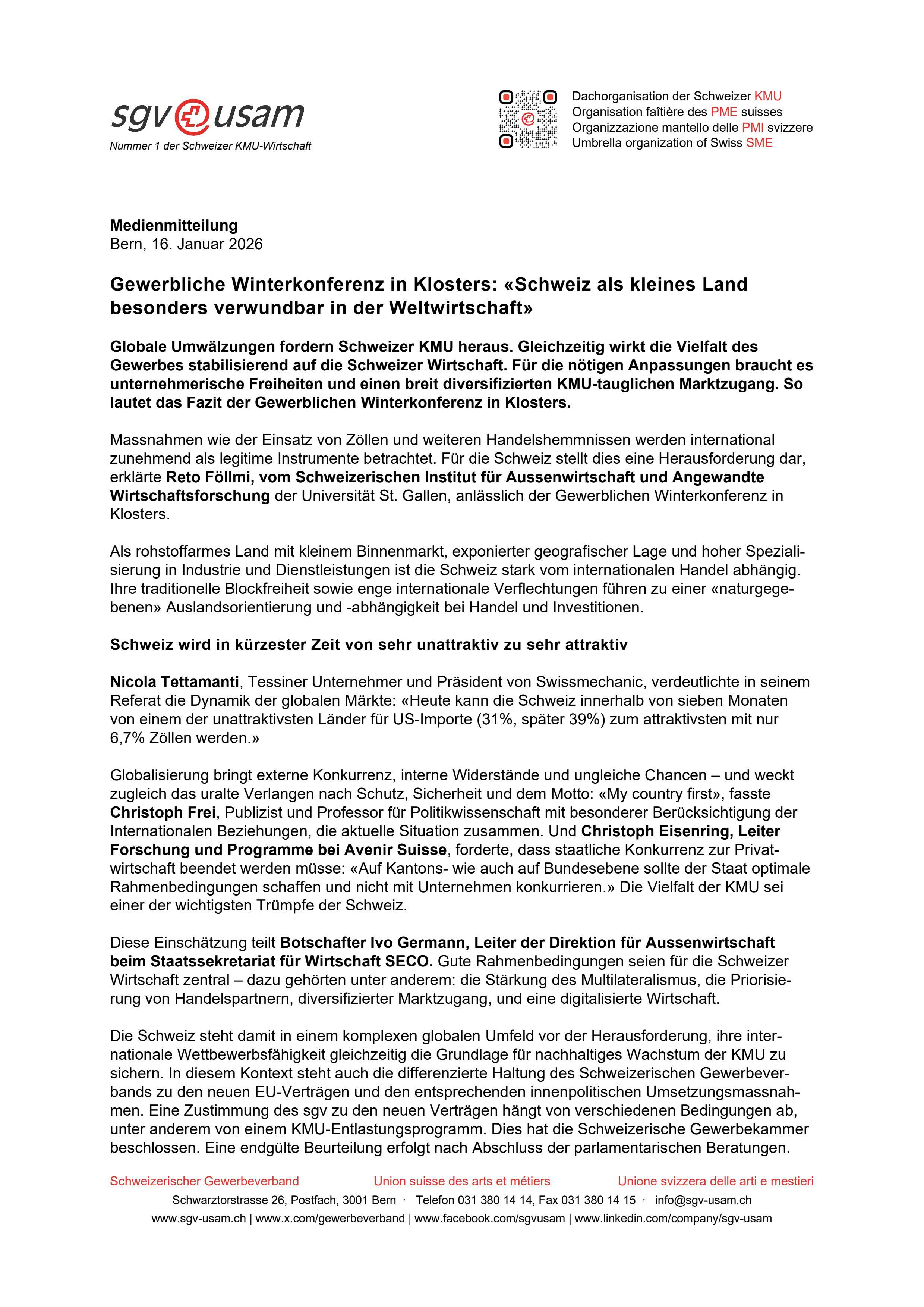 Gewerbliche Winterkonferenz in Klosters: «Schweiz als kleines Land besonders verwundbar in der Weltwirtschaft»