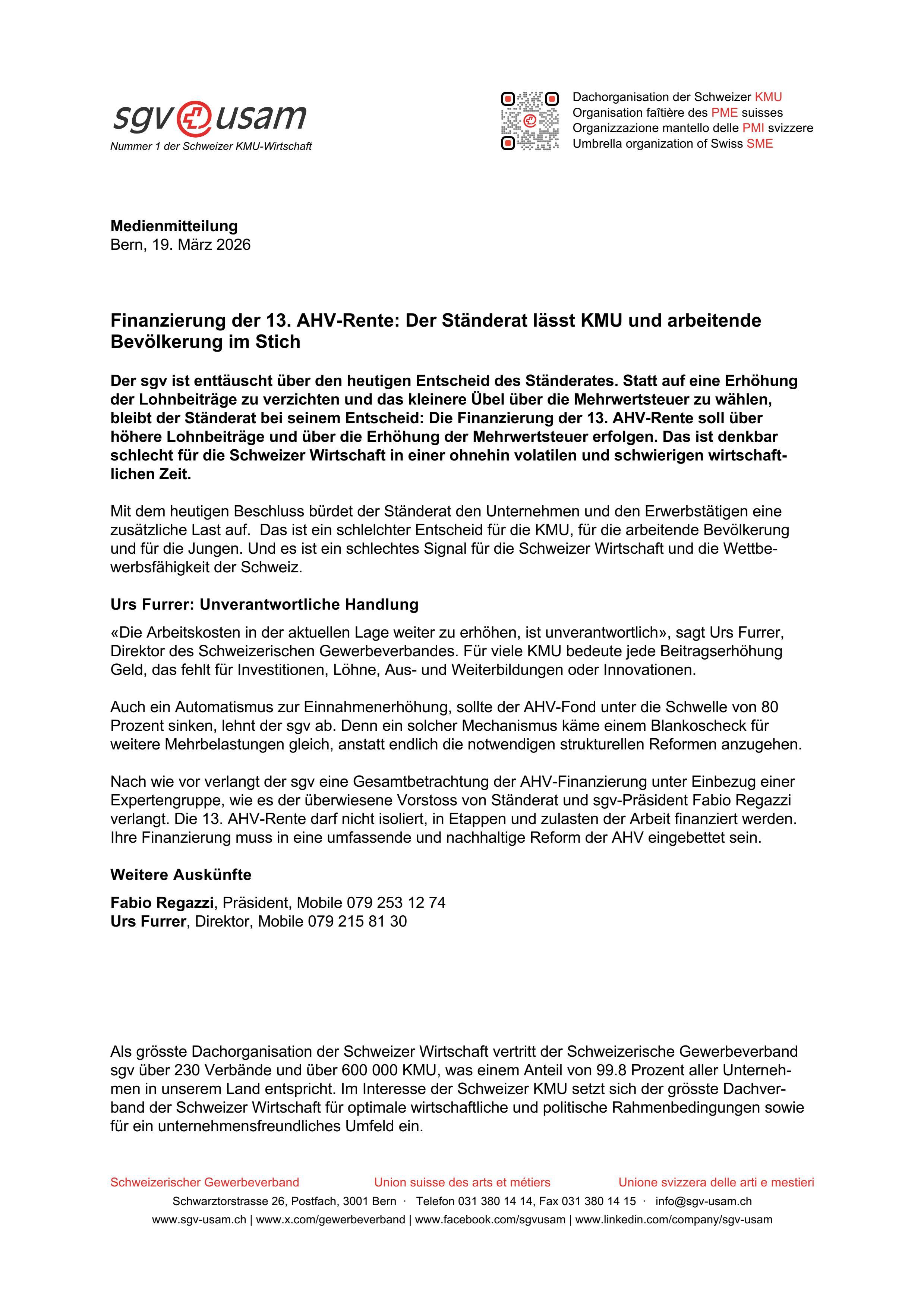 Finanzierung der 13. AHV-Rente: Der Ständerat lässt KMU und arbeitende Bevölkerung im Stich