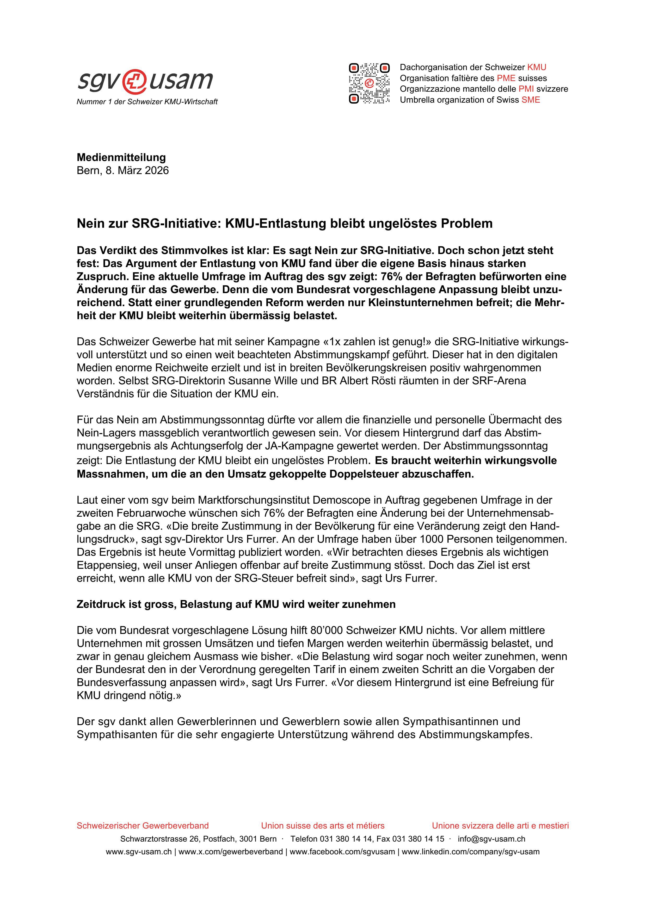 Nein zur SRG-Initiative: KMU-Entlastung bleibt ungelöstes Problem